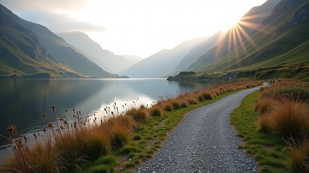 Serene lakeside path with water reflections