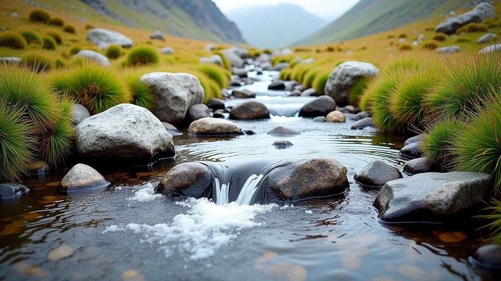 Clear mountain stream with large rocks and shallow water crossing area surrounded by alpine grassland