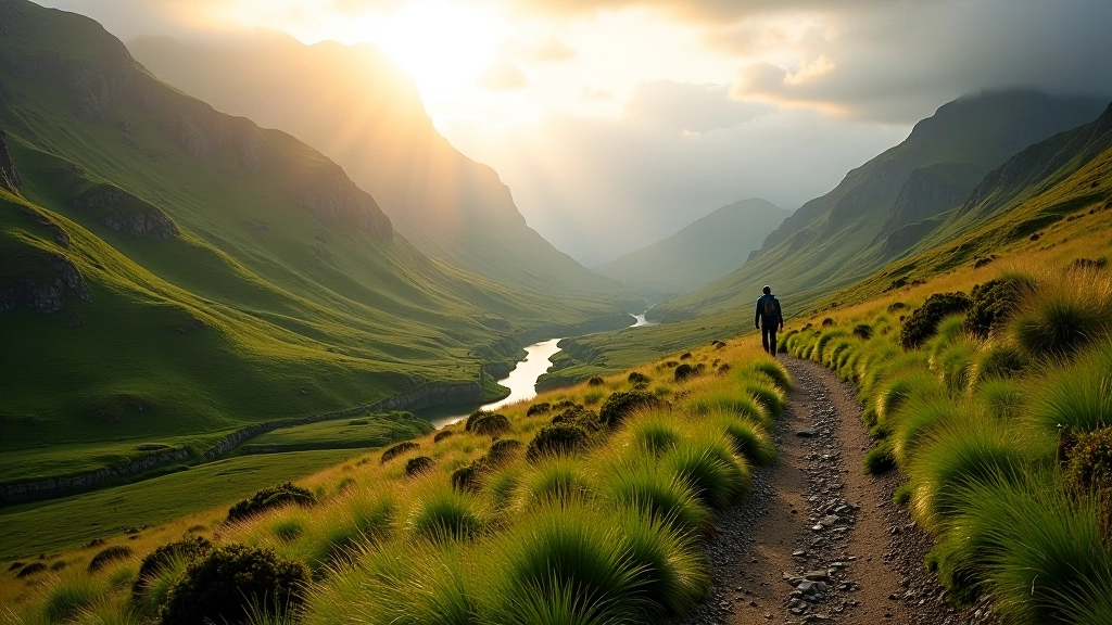 Dramatic mountain valley landscape with winding hiking trail through lush green Kerry terrain and distant purple peaks