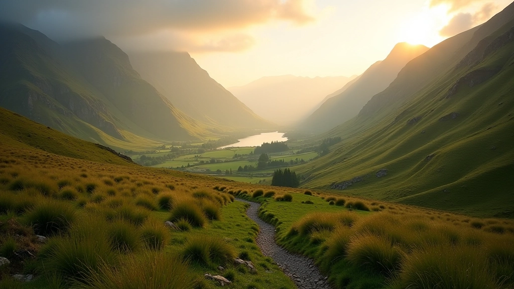 Mountain valley landscape with winding trail through lush green terrain and distant peaks in Kerry