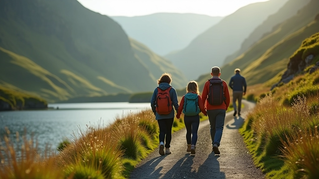 Family group walking together on a lakeside path with green hills in the background, morning light