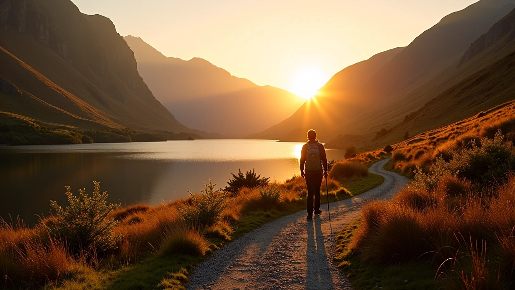 Golden hour light on a lakeside trail with long shadows and warm glow across the water