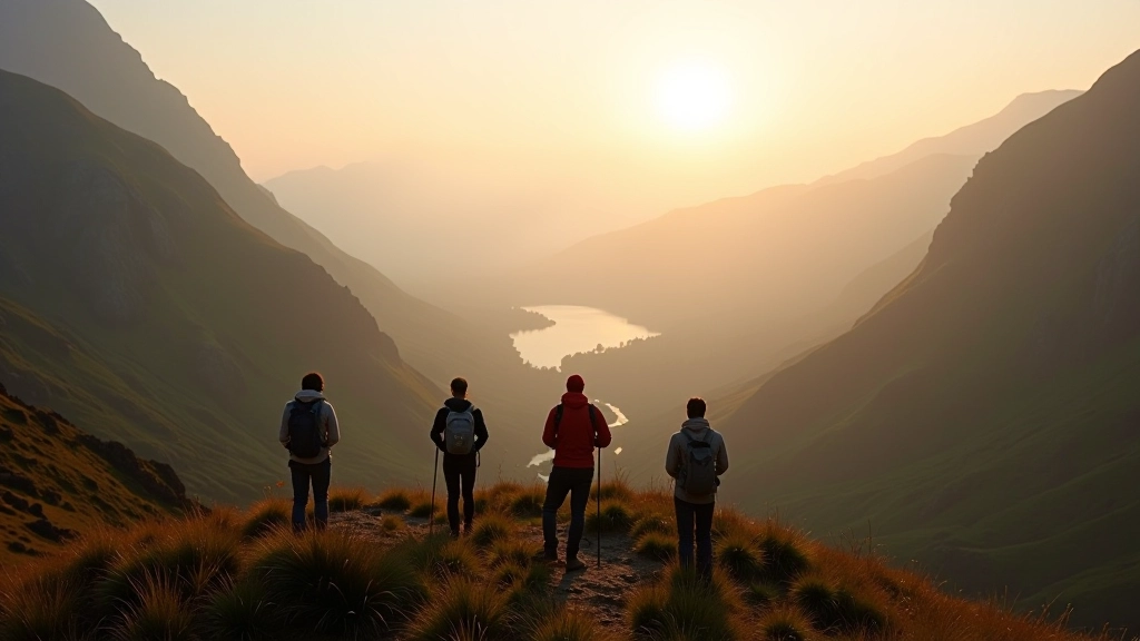 Group of people standing on mountain ridge overlooking misty valley landscape