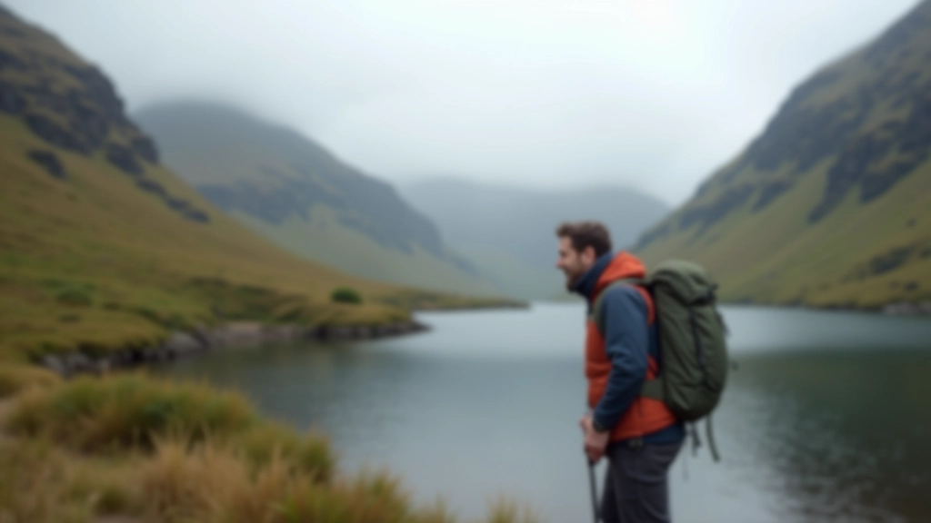 Hiker standing at the edge of a lake with mountains in background, wearing casual outdoor clothing and daypack