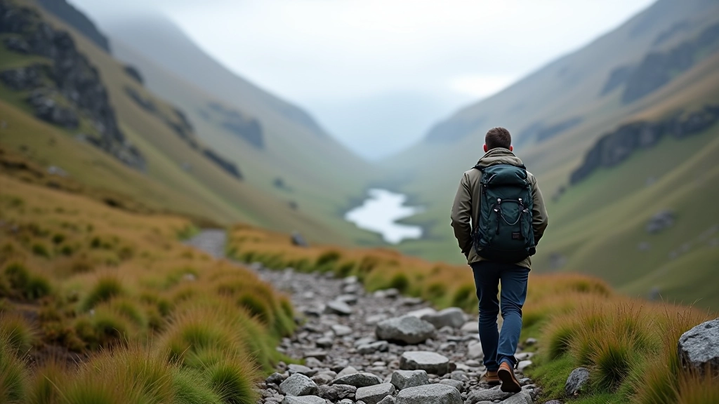 Hiker traversing rocky mountain trail with steep slopes and alpine vegetation surrounding the narrow path