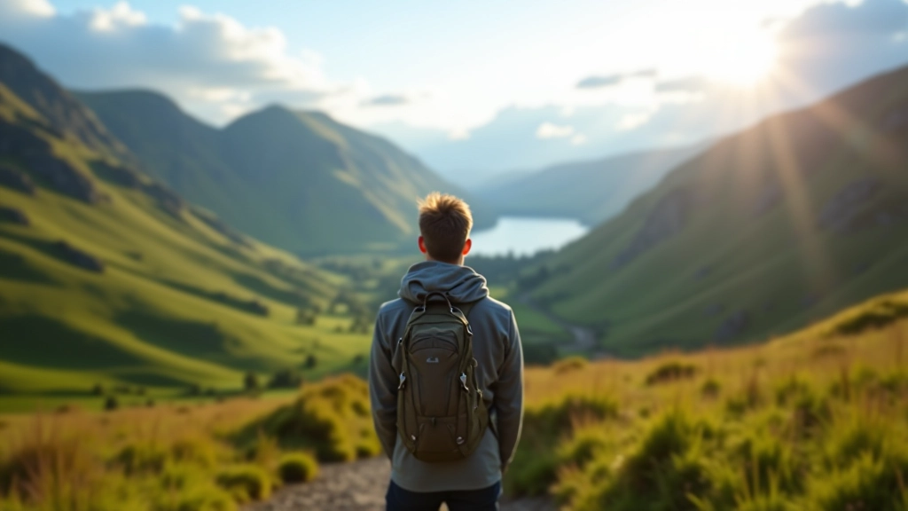 Hiker standing on mountain trail overlooking green valley with distant peaks and blue sky