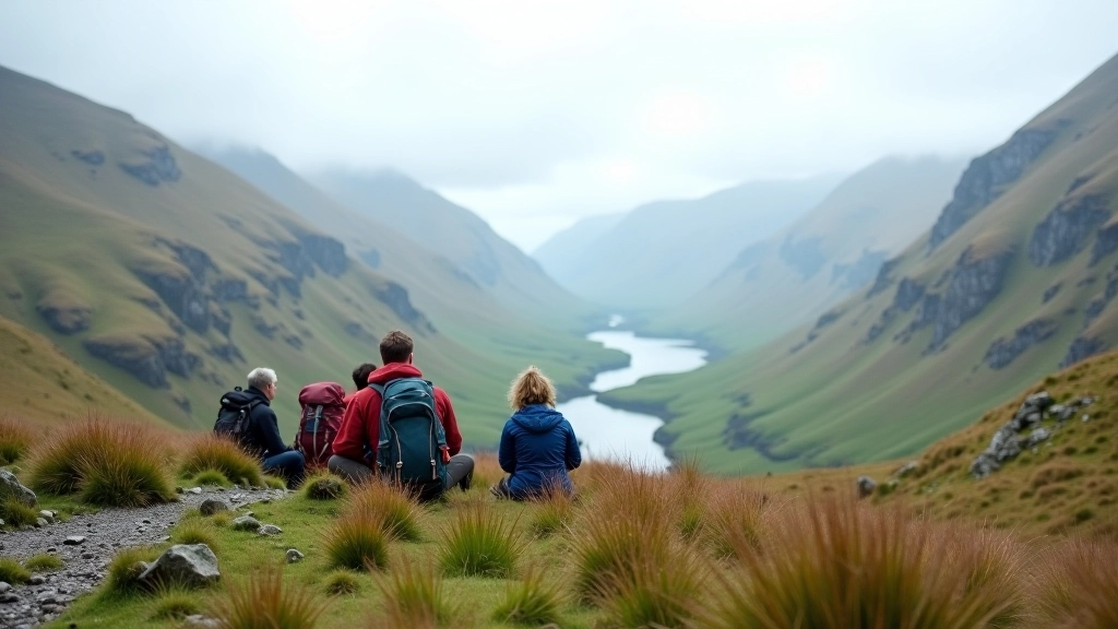 Group of hikers resting on mountain trail with panoramic valley views and distant peaks in background