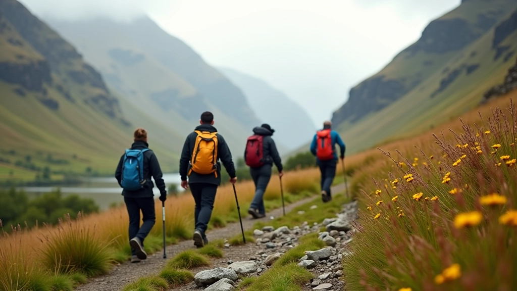 Experienced hikers navigating mountain valley trails with natural landscape in background