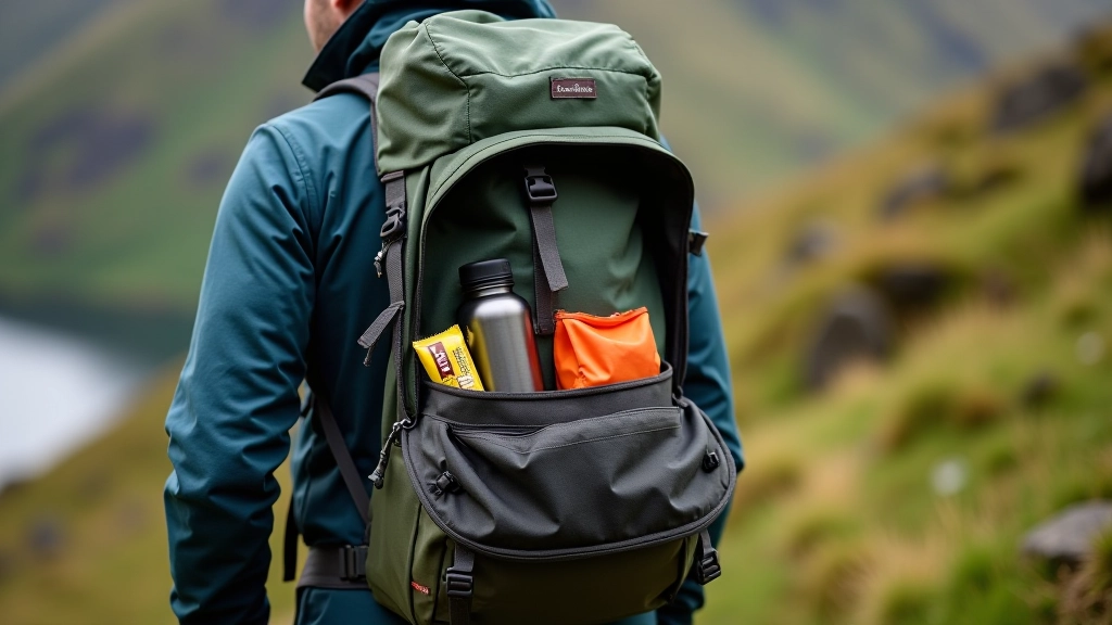 Open hiking backpack showing organized interior with water bottle, energy snacks, packed lunch, and a lightweight emergency shelter packed inside