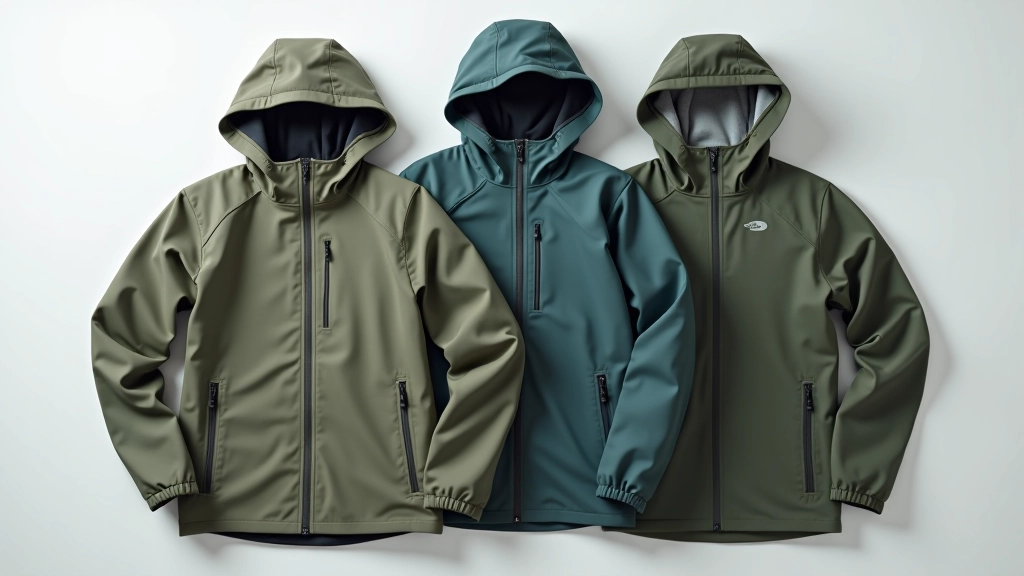 Colorful hiking clothing layers arranged flat: base layer shirt, fleece jacket, and waterproof rain jacket displayed side by side