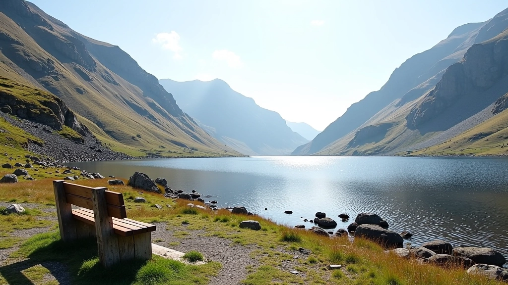 Scenic overlook point with benches where hikers can rest and view the lake landscape
