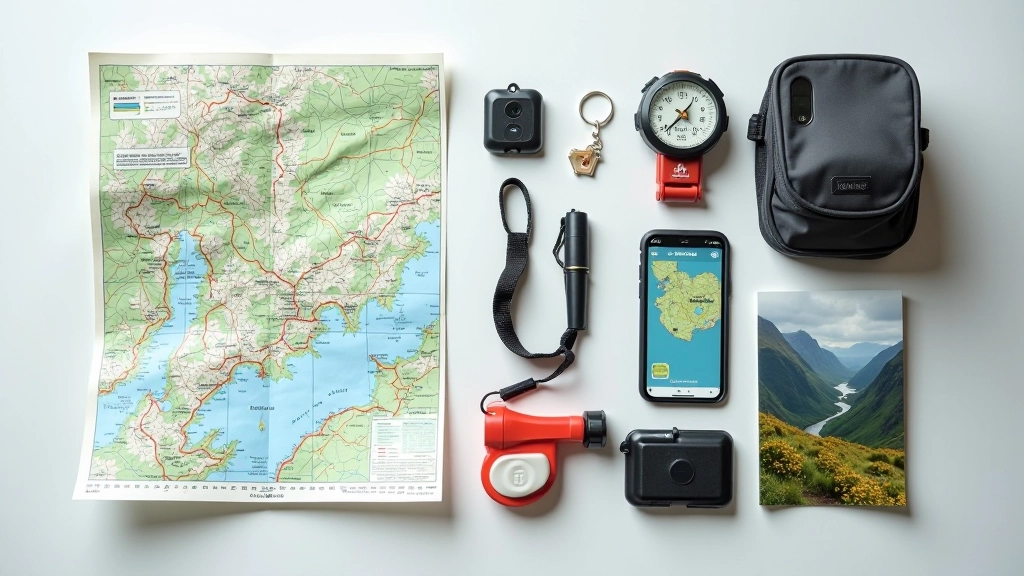 Hiking safety essentials laid out: topographic map, compass, whistle, first aid kit, headtorch, and phone with offline maps app displayed on screen