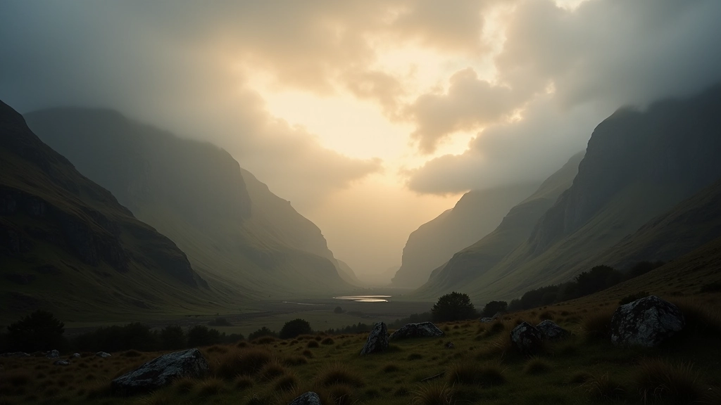 Moody mist rolling through mountain valley at dawn with golden light breaking through clouds