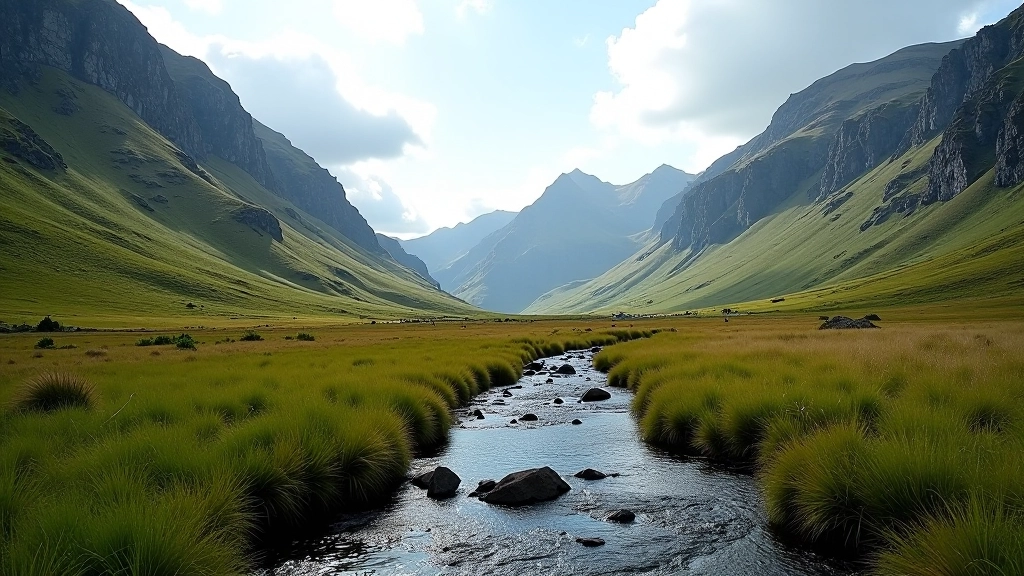 Mountain valley with dark rocky peaks and alpine stream flowing through green grassland in the Gap of Dunloe