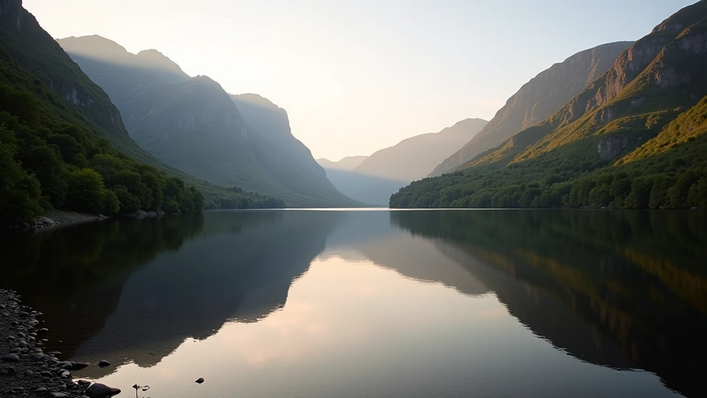 Serene lakeside view with calm water reflecting surrounding mountains and trees