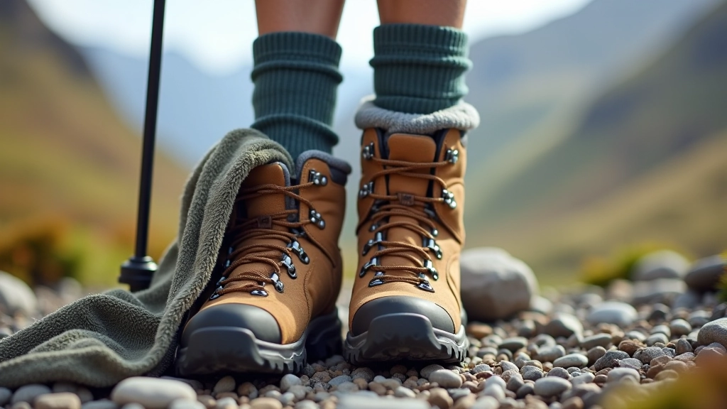 Hiking boots, moisture-wicking socks, gaiters, and a walking pole arranged on rocky terrain with mountains in background