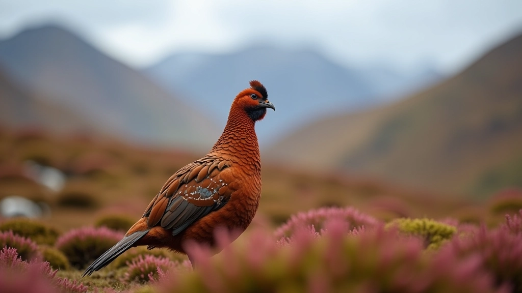 Red grouse bird camouflaged among heather moorland in natural mountain habitat
