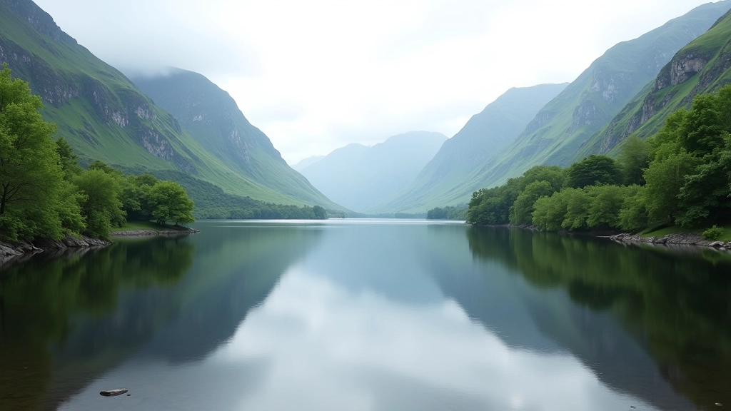 Serene lakeside view with calm water reflecting surrounding mountains and forest trees in Ireland