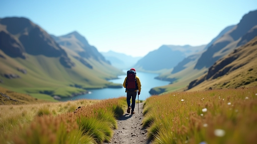 Hiker with backpack walking on mountain trail with valley view in background