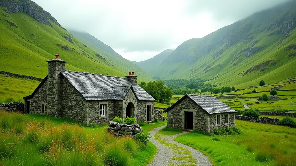 Historic heritage site in Kerry valley with stone structures
