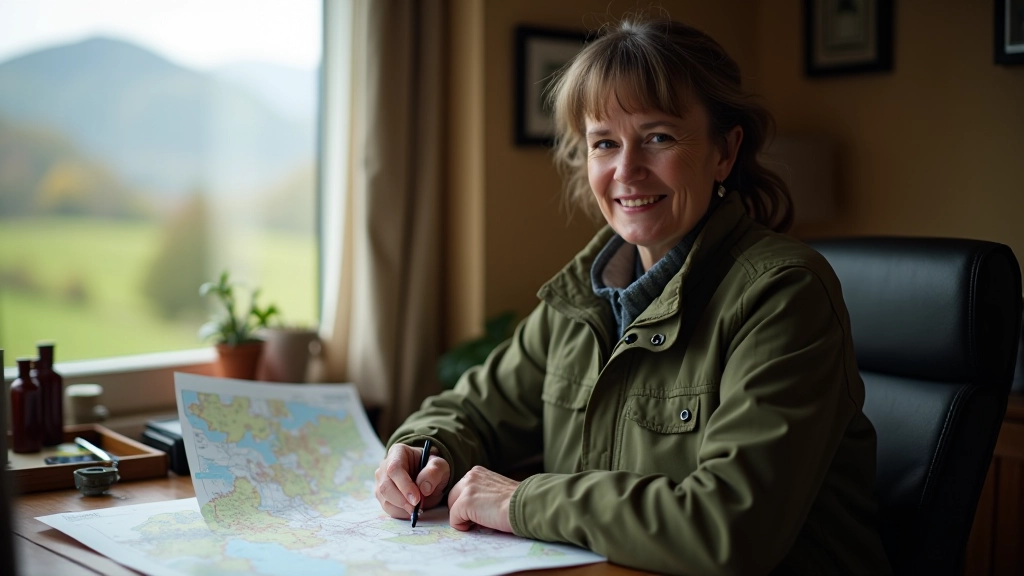 Siobhán working at field research desk with maps and trail documentation materials, natural daylight from window