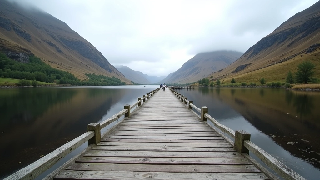 Wooden boardwalk path over calm water with mountains visible across the lake, overcast sky